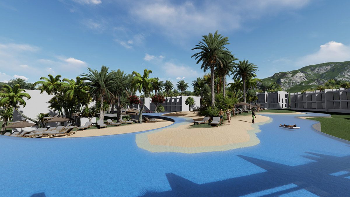 Render of the Hawaii Homes lagoon pool with sandy islands and palms