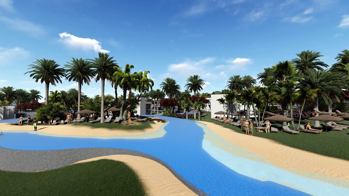 Render of the Hawaii Homes sandy-edged lagoon with palms and loungers