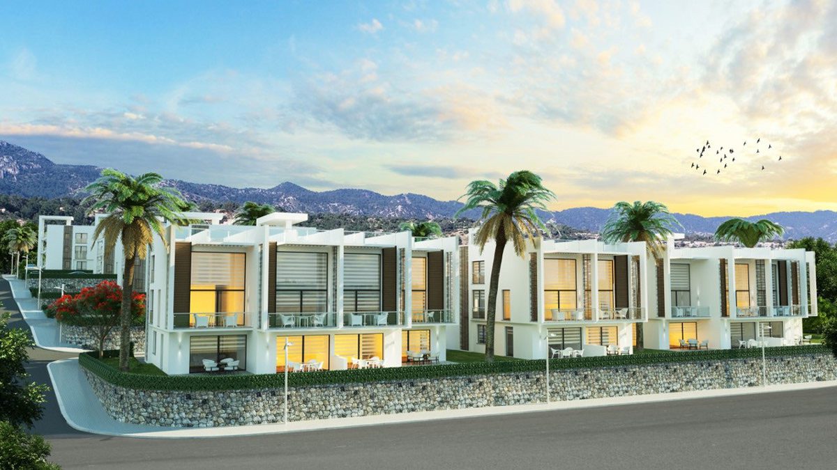 Render of Idyll Homes terraced houses at sunset with mountain view