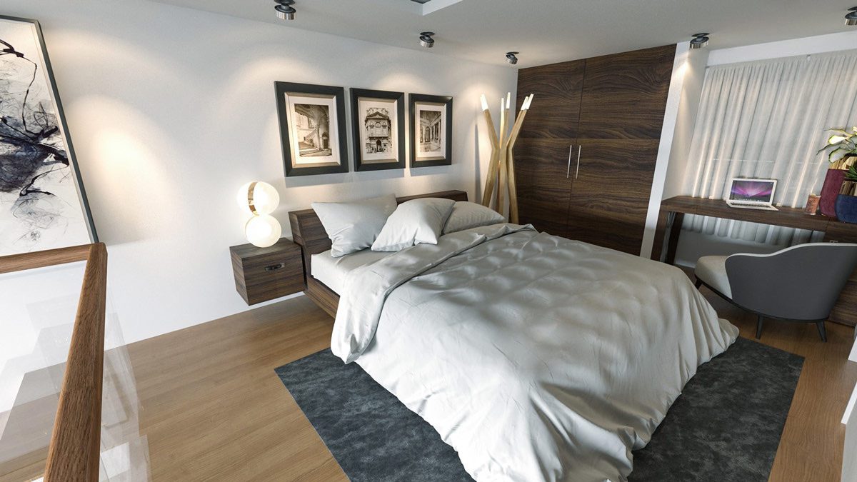 Idyll Homes bedroom with wooden floor and wardrobe
