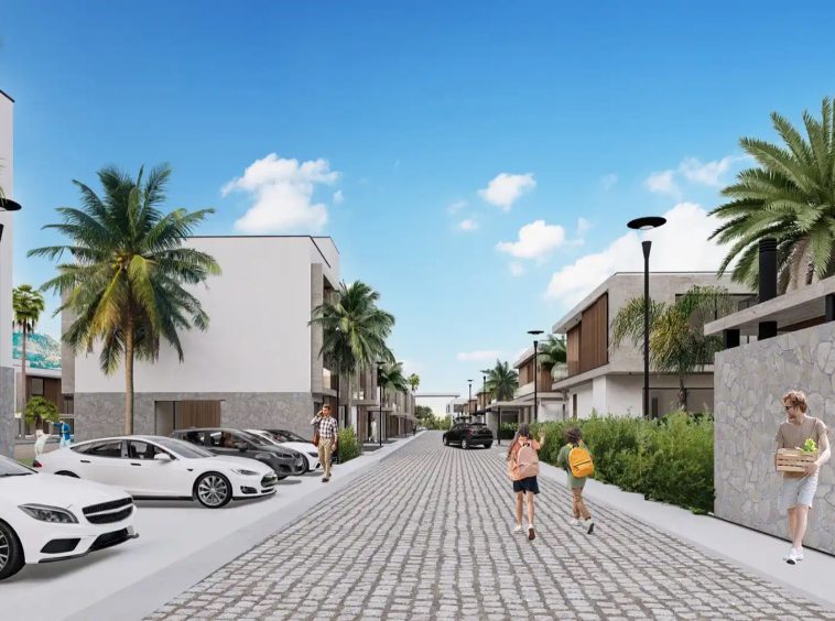 La Isla rendering of a cobbled street lined with modern villas