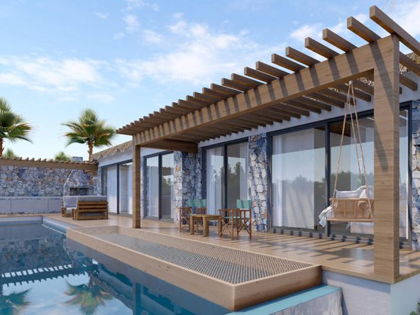 Render of a Maldives Homes villa with pergola terrace beside the pool