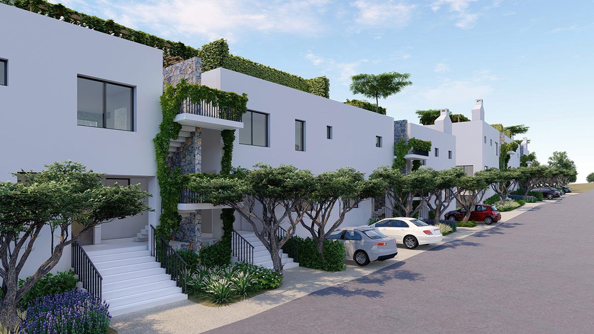Render of white Maldives Homes terraced houses with climbing plants