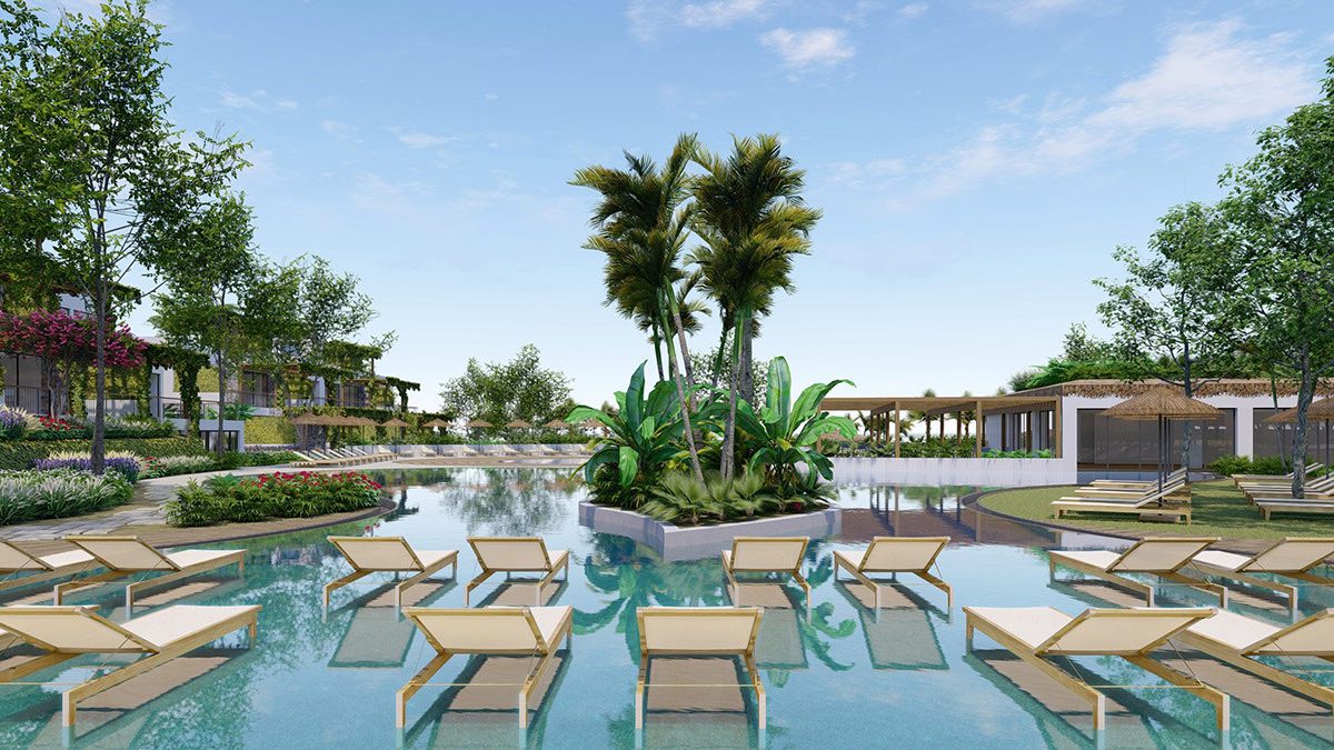 Render of the Maldives Homes pool with sun loungers and palm island