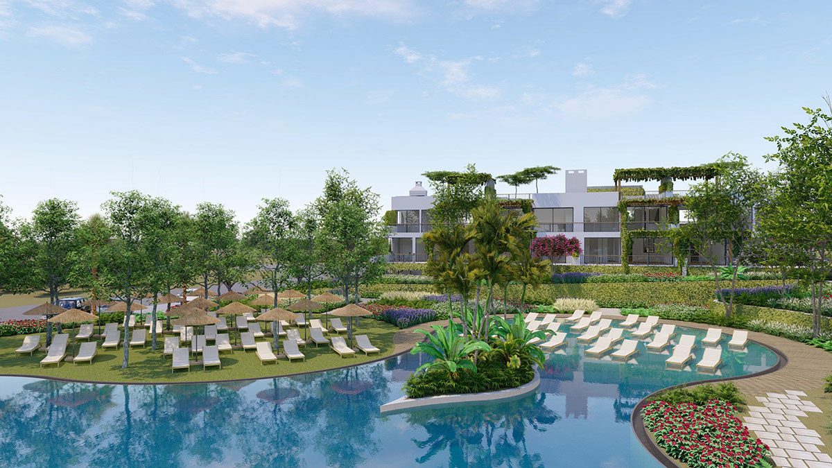 Render of Maldives Homes landscaped pool area with loungers