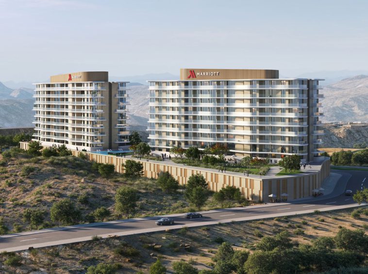 Marriott Residences at AIDA Oman: aerial view of the buildings beside the golf course (render)