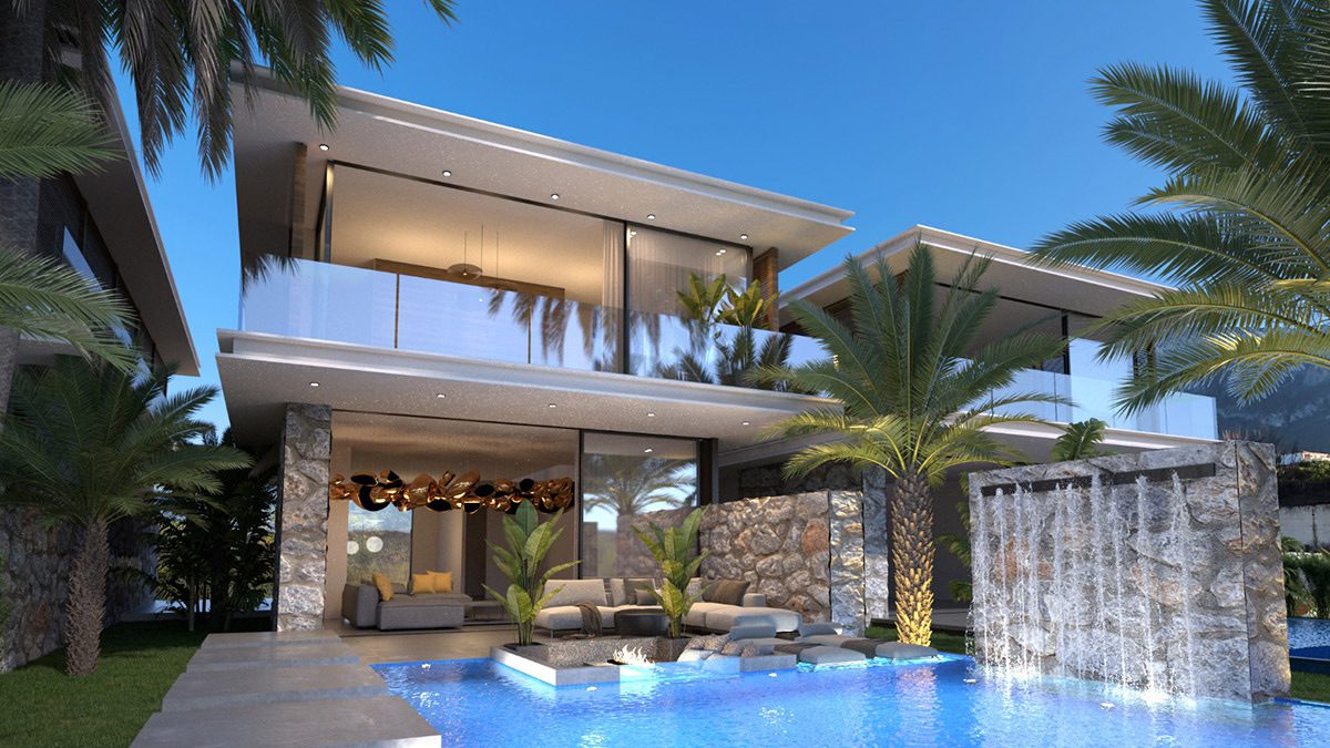 Render of a Moonlight Villas villa with pool and waterfall wall