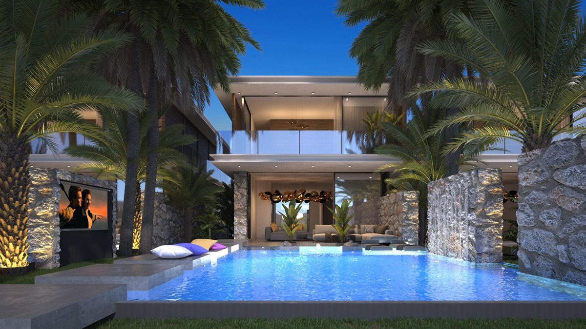 Render of the Moonlight Villas pool terrace with palms