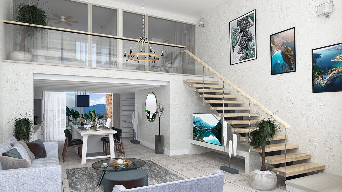 Mykonos Homes loft living room with staircase and sea view