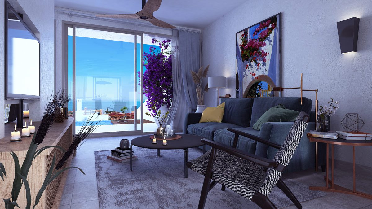Mykonos Homes living room with sofa and balcony doors