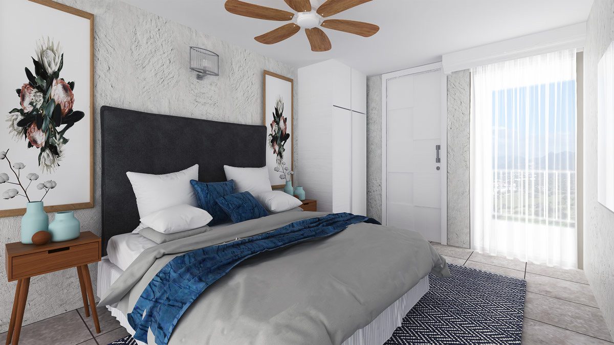 Mykonos Homes bedroom with dark headboard and balcony