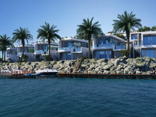 Natulux rendering of white sea-front villas on a rocky shoreline
