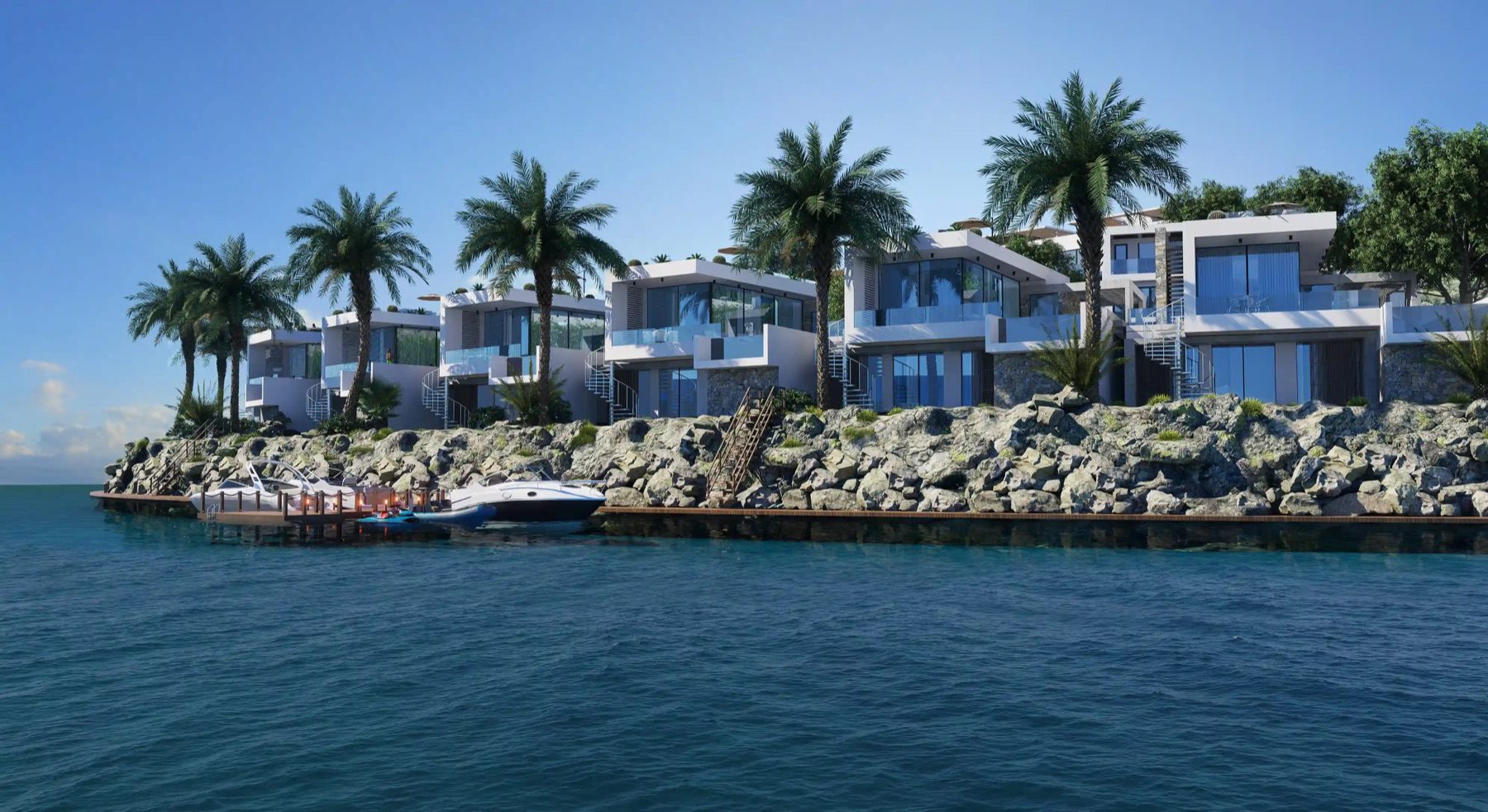 Natulux rendering of white sea-front villas on a rocky shoreline