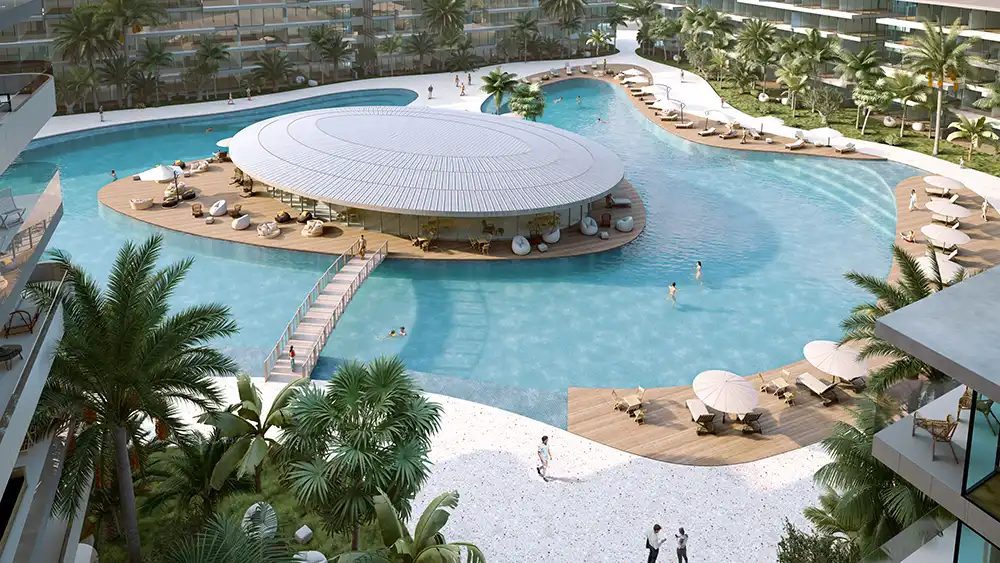 Aerial render of a circular platform in a lagoon-style pool
