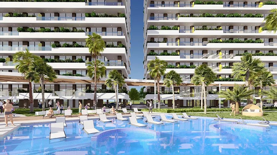 Render of a large pool in front of high-rise blocks