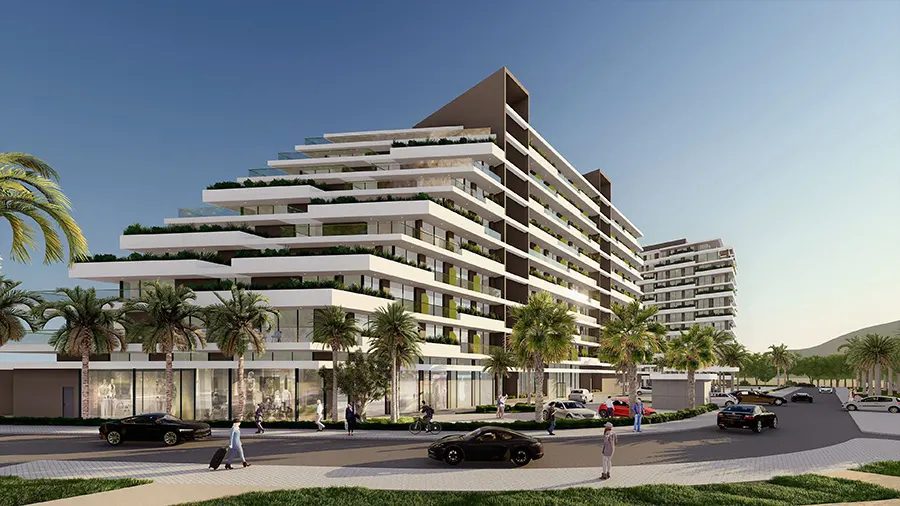 Render of a terraced apartment building seen from the street