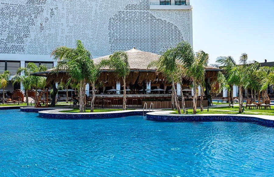Outdoor pool with palm trees and a thatched-roof bar