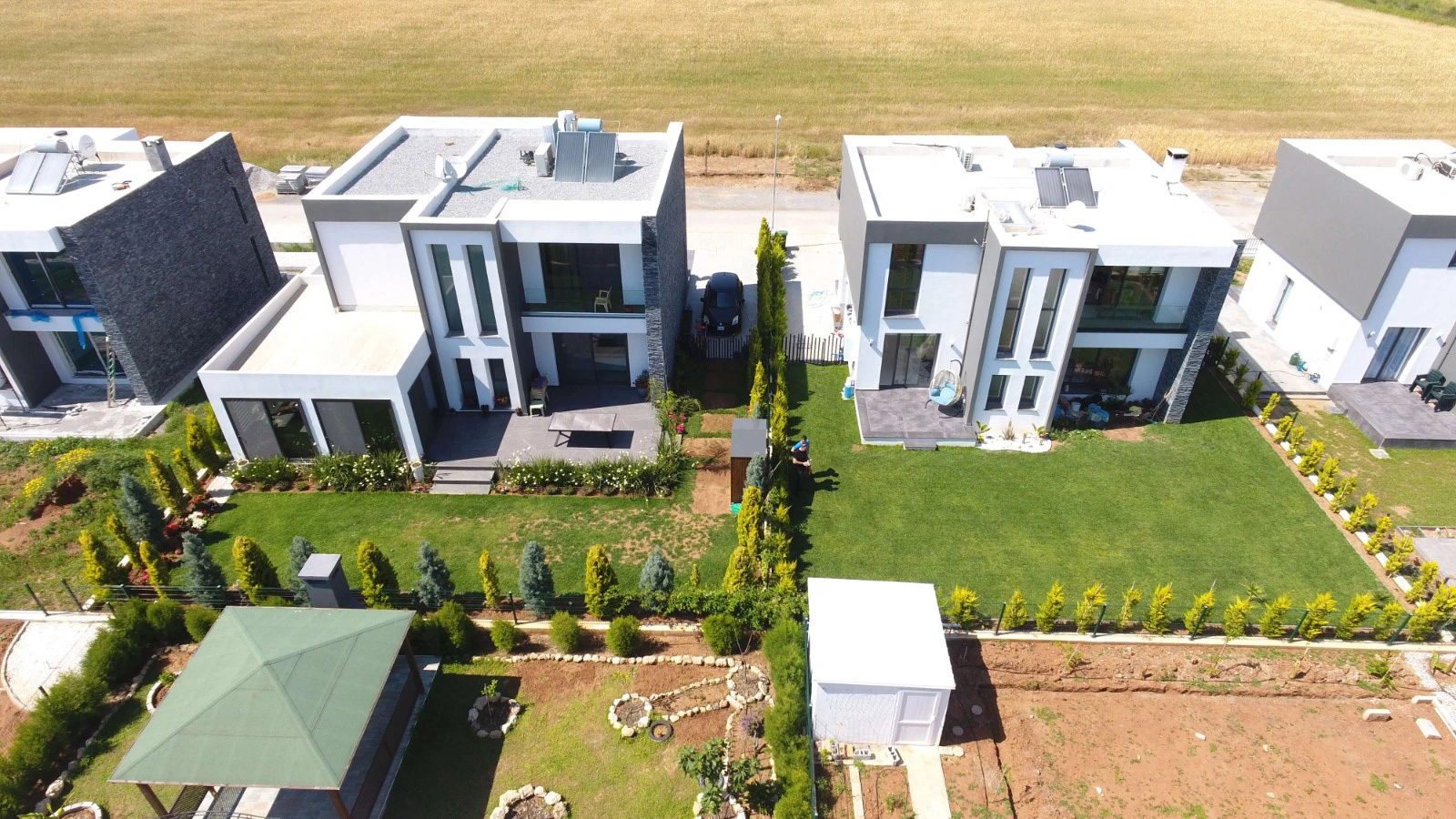 Aerial photograph of villas and gardens