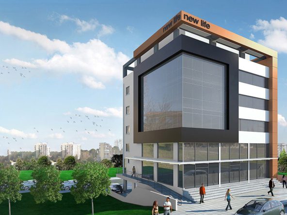Architectural render of the New Life commercial building, corner view with trees
