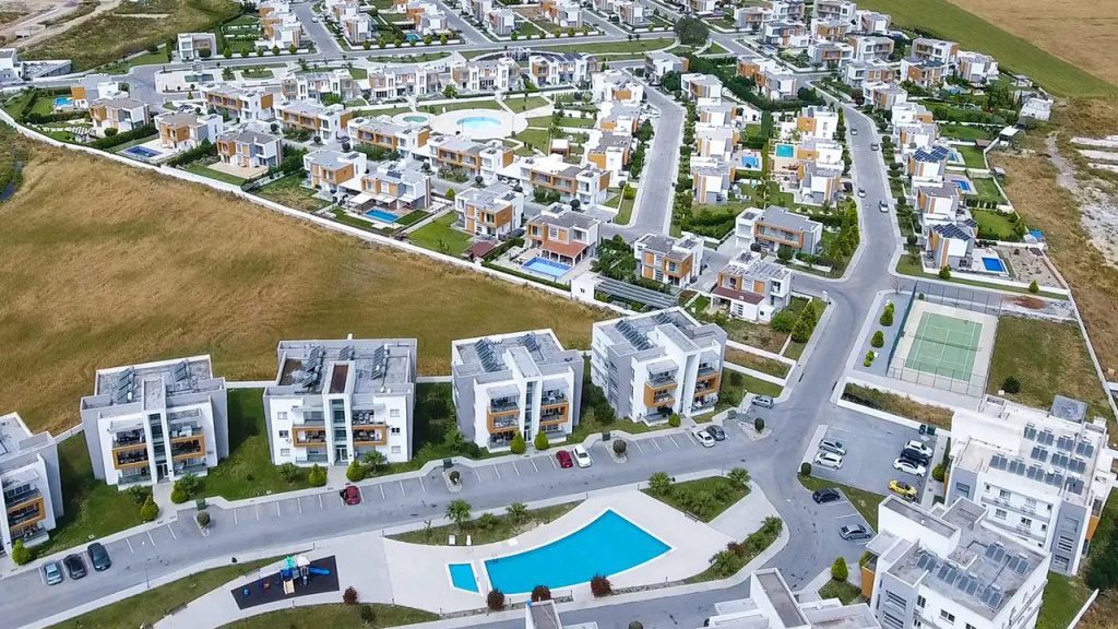 Sakli Kent Famagusta villa estate with communal pools, aerial view