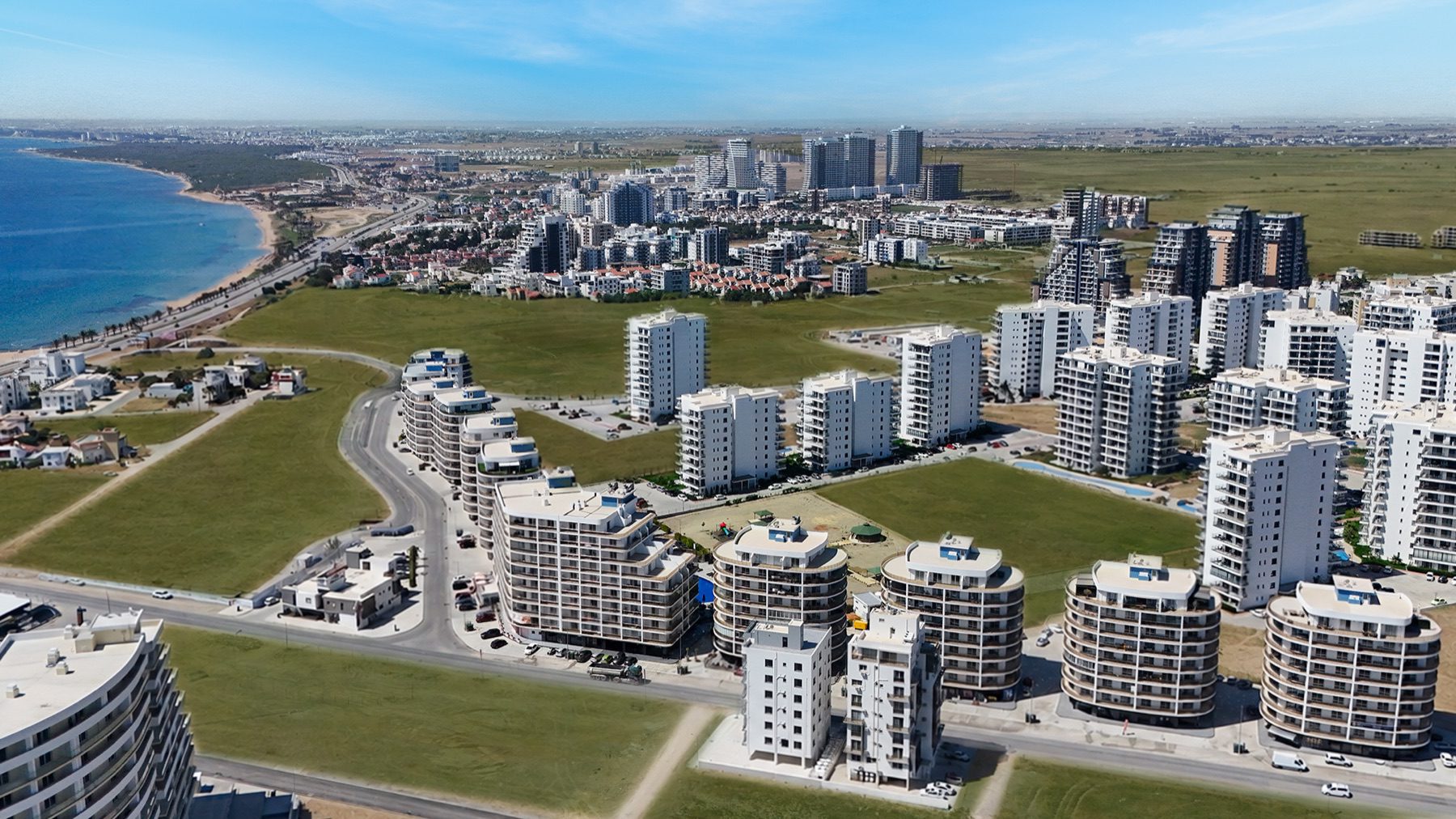 aerial view of the Park Residence apartment blocks along the Northern Cyprus coast