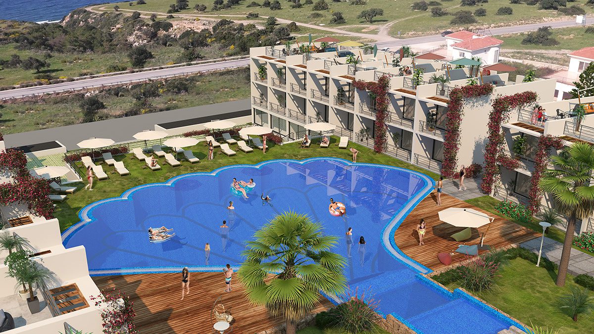 Aerial render of the Pearl Island lagoon pool and terraced blocks