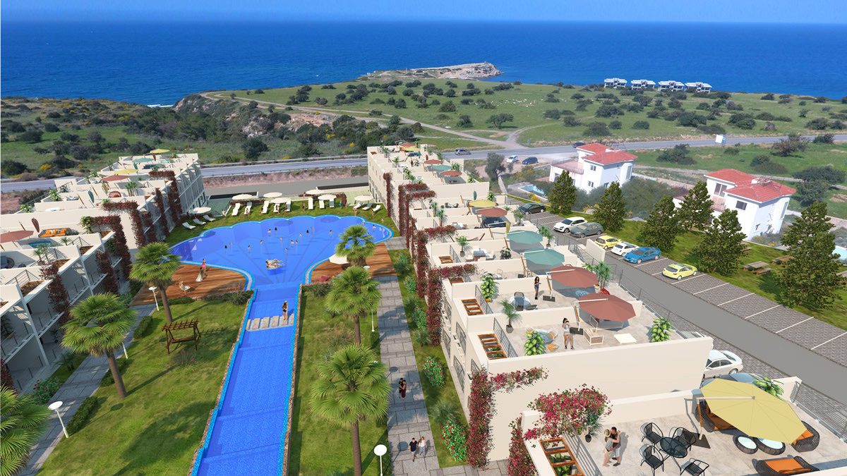 Aerial render of Pearl Island pool channel and apartment blocks near the sea