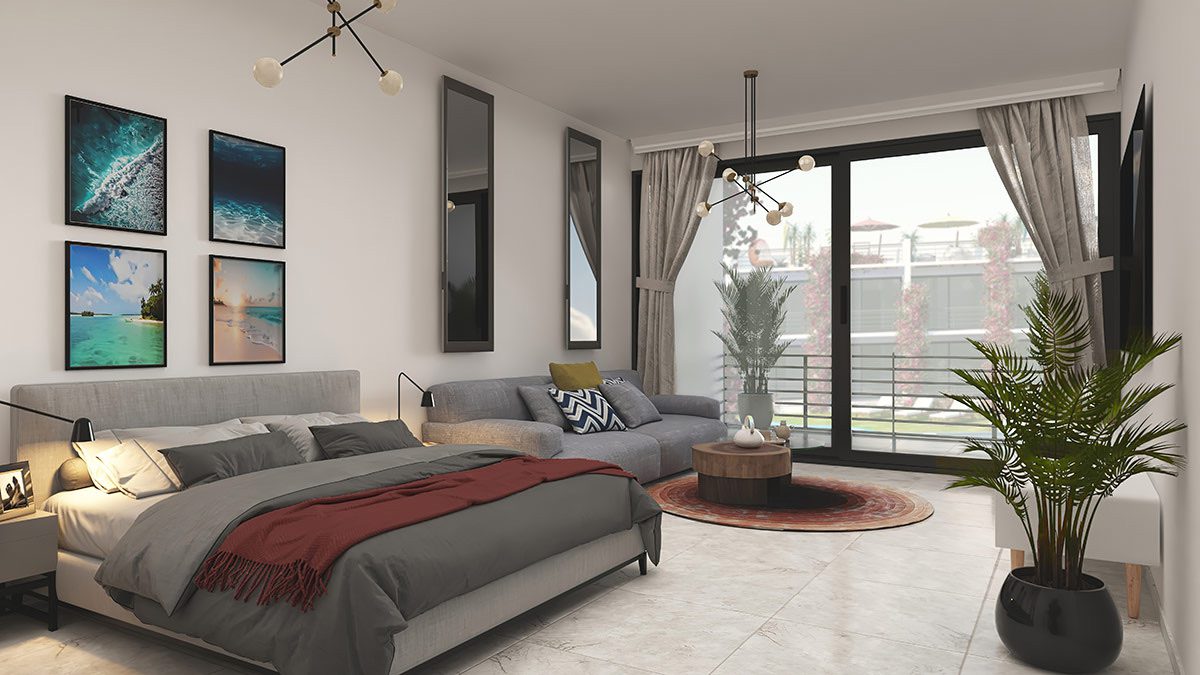 Pearl Island apartment bedroom and lounge with balcony doors