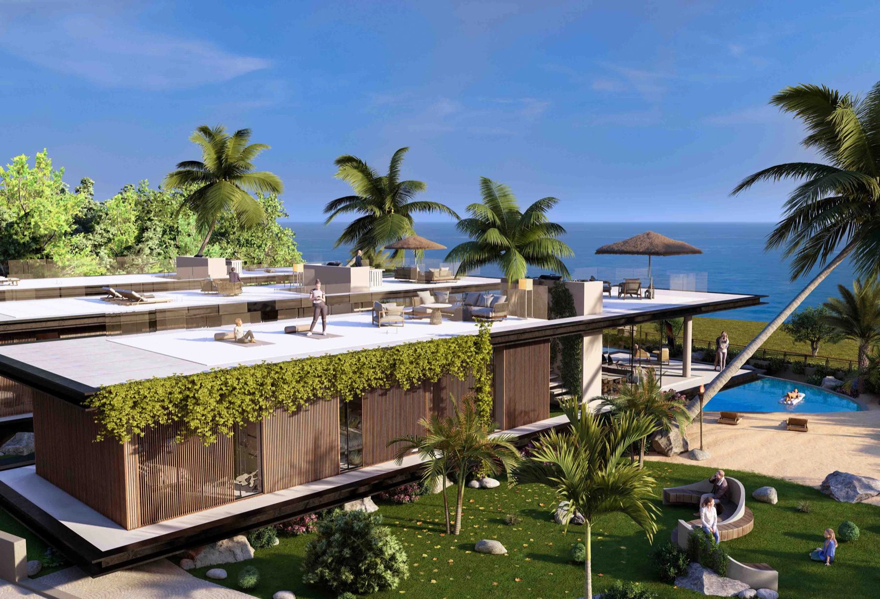 Phuket H&W Resort villa with green facade, terrace and sea view