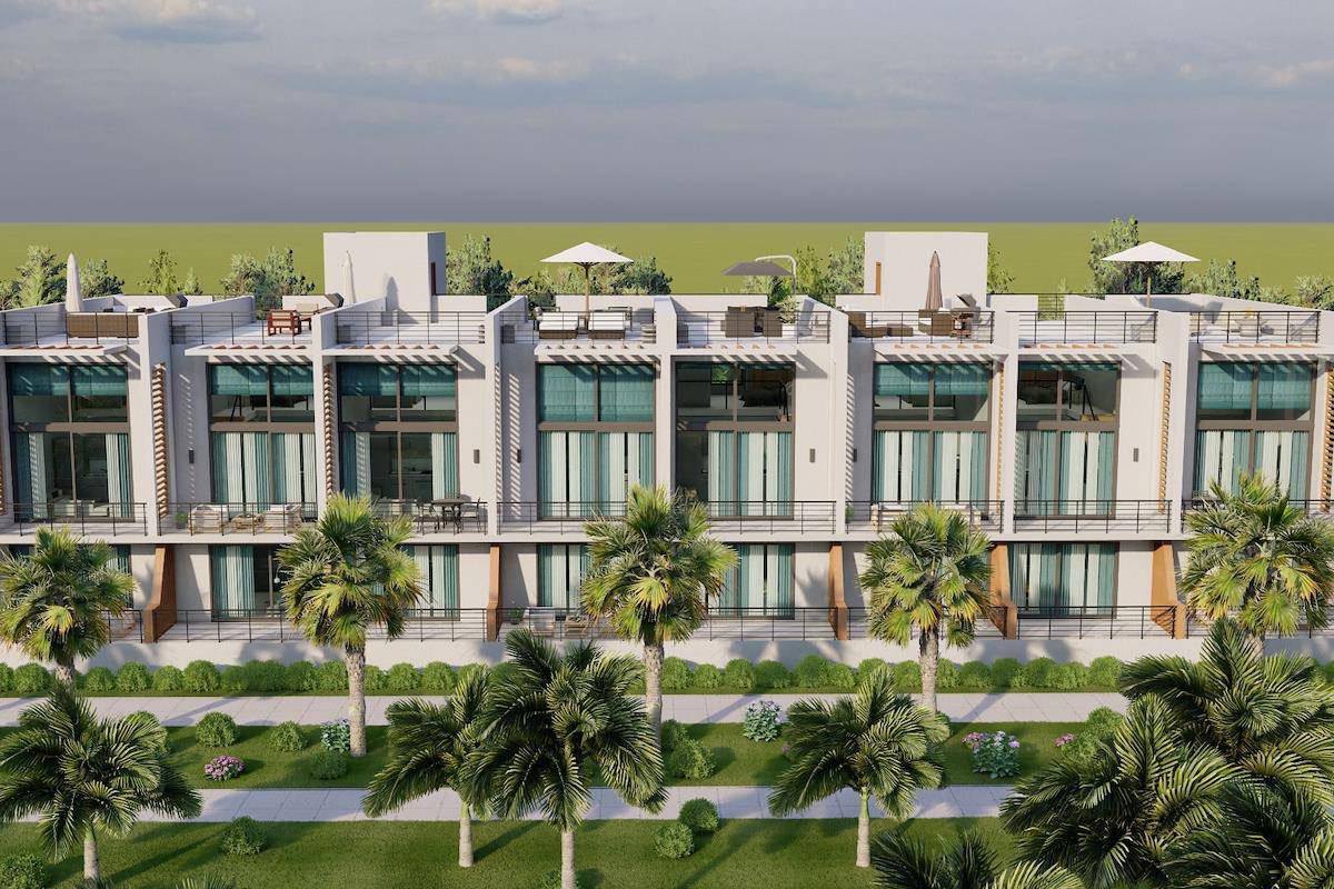 Front elevation render of Phuket H&W Resort townhouses with palms