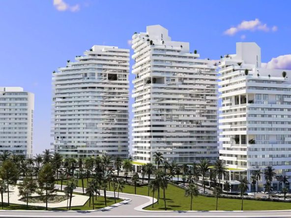 Querencia rendering of the white terraced residential towers