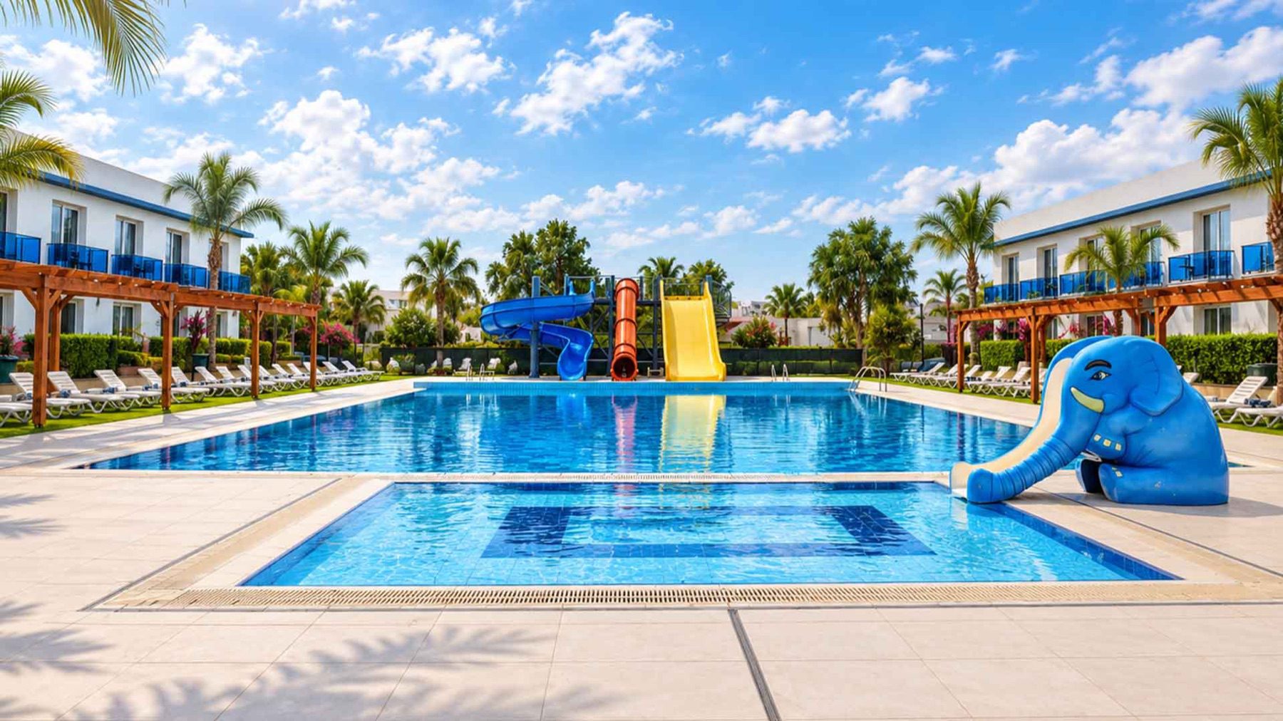 Royal Life Residence swimming pool with water slides and palm trees