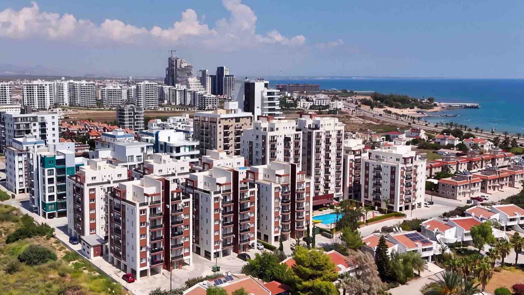 Aerial view of Sea Life Plus blocks with the coastline behind