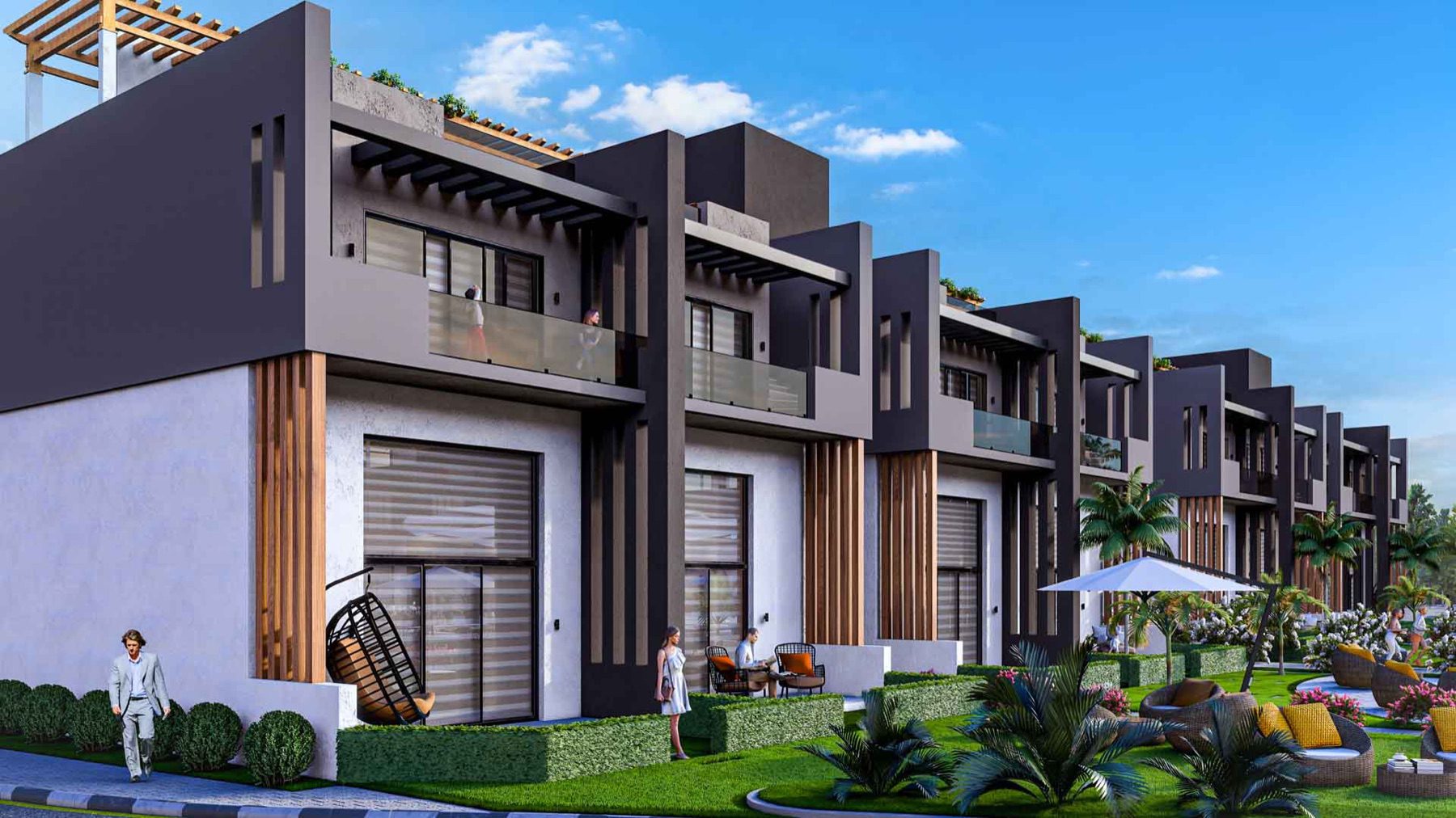 Render of Sky Diora corner building with garden seating area
