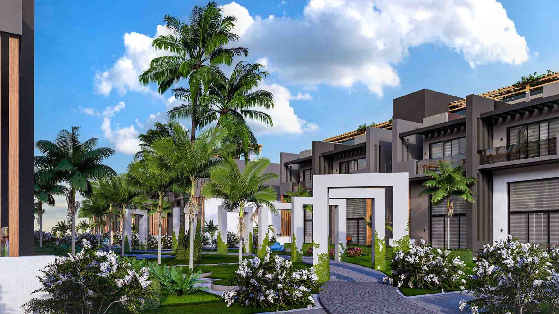 Render of Sky Diora buildings with garden walkway and palms