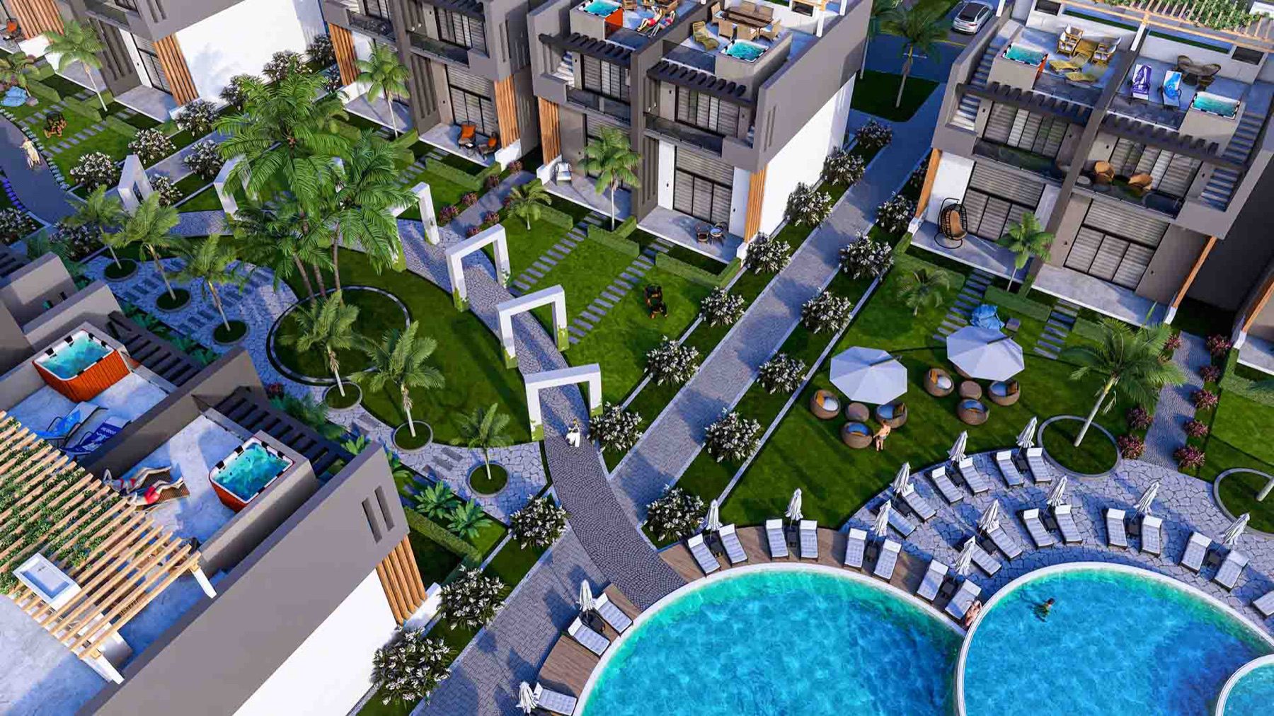Aerial render of Sky Diora showing garden paths and swimming pools