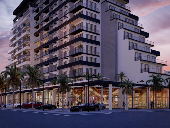Sky Sakarya rendering of the apartment tower with shops at street level at dusk