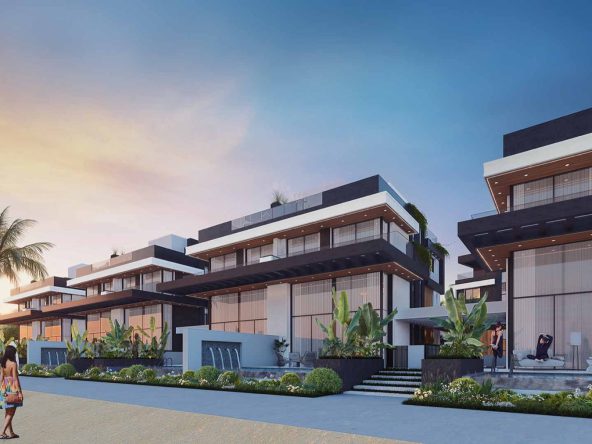 Render of Solmaris villas at dusk with landscaped frontage