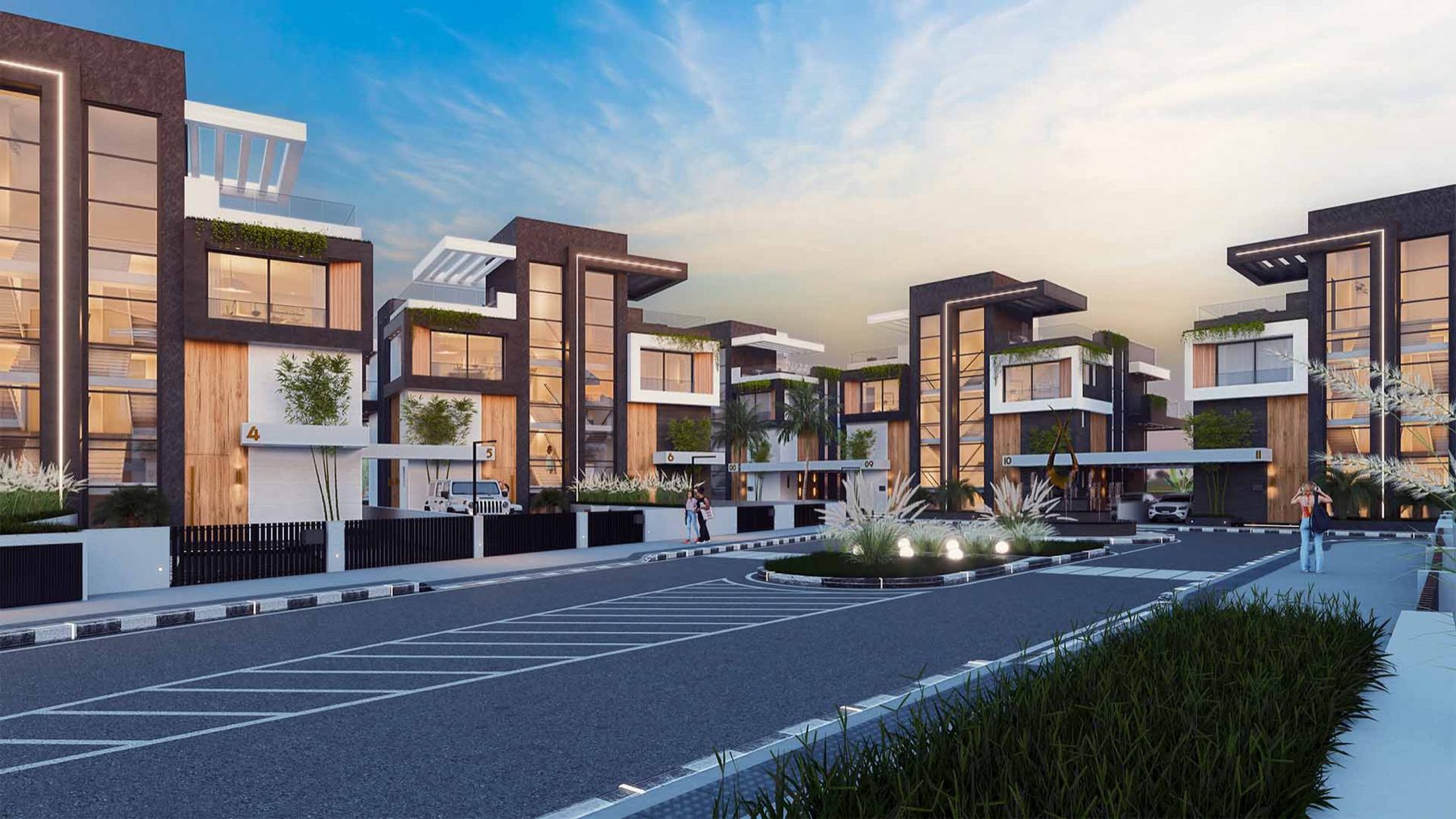 Render of Solmaris villa row along the access road at sunset