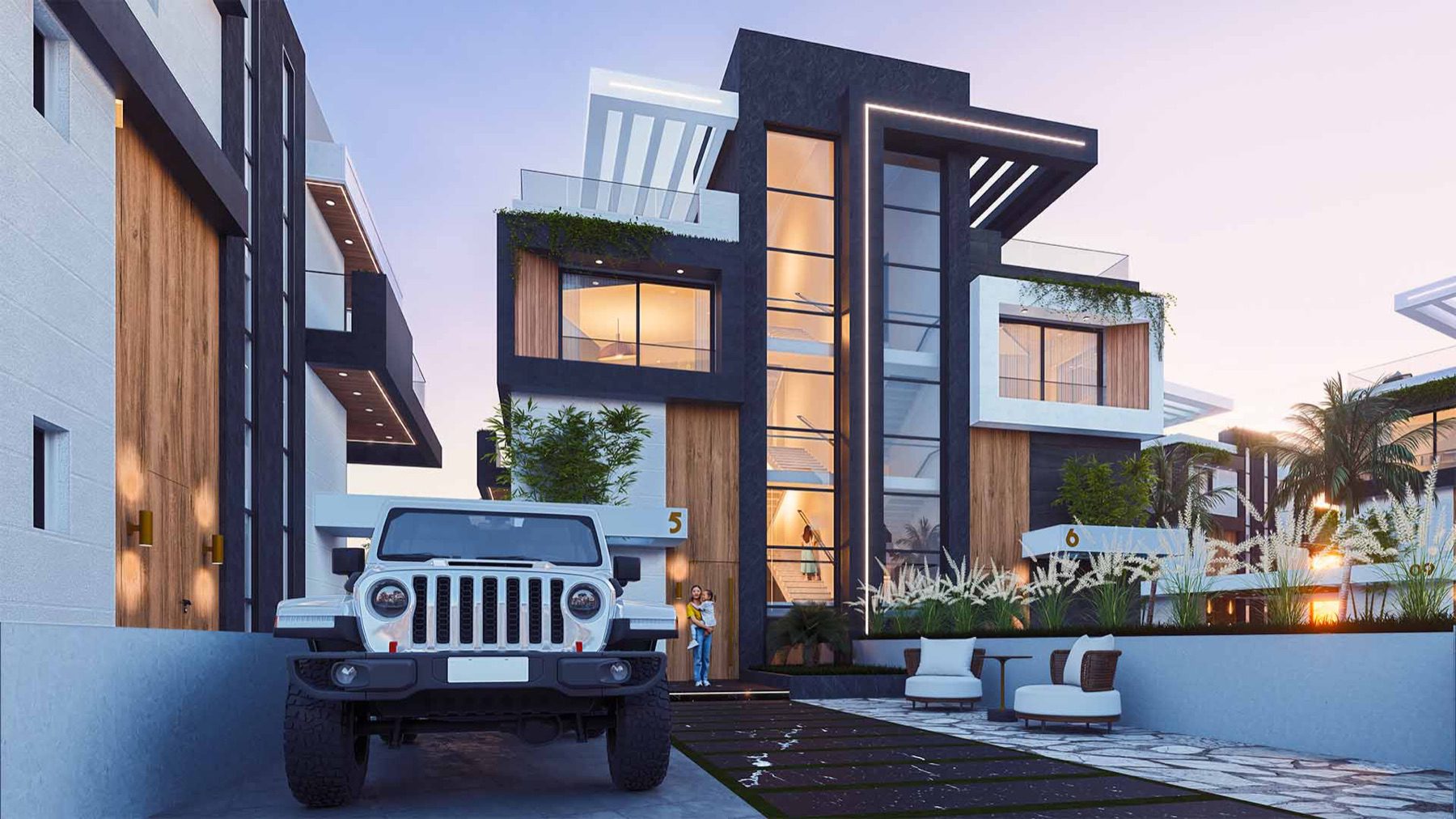 Render of a Solmaris villa entrance with car parked in the driveway