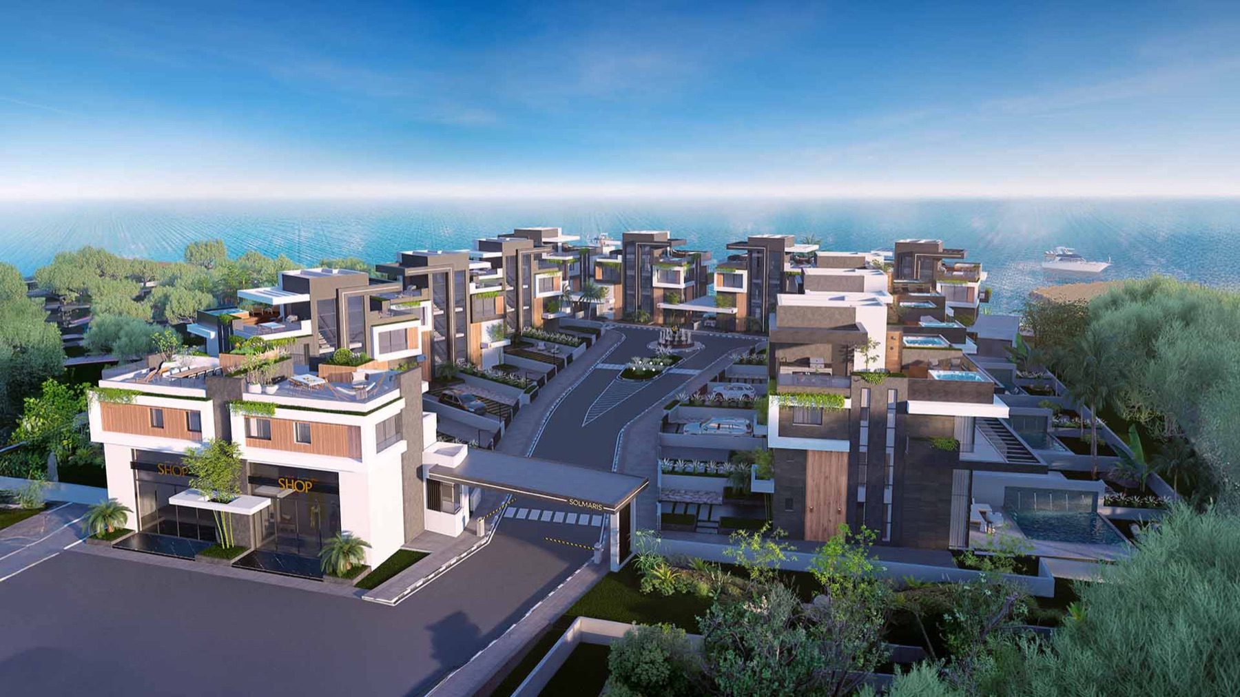 Aerial render of the Solmaris villa development by the sea