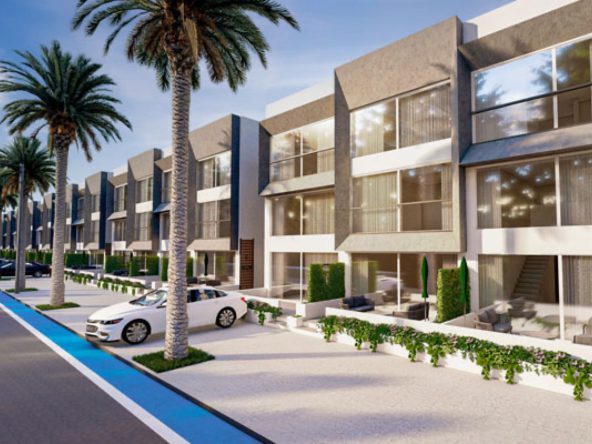 Render of Terra Life three-storey buildings along a palm-lined street