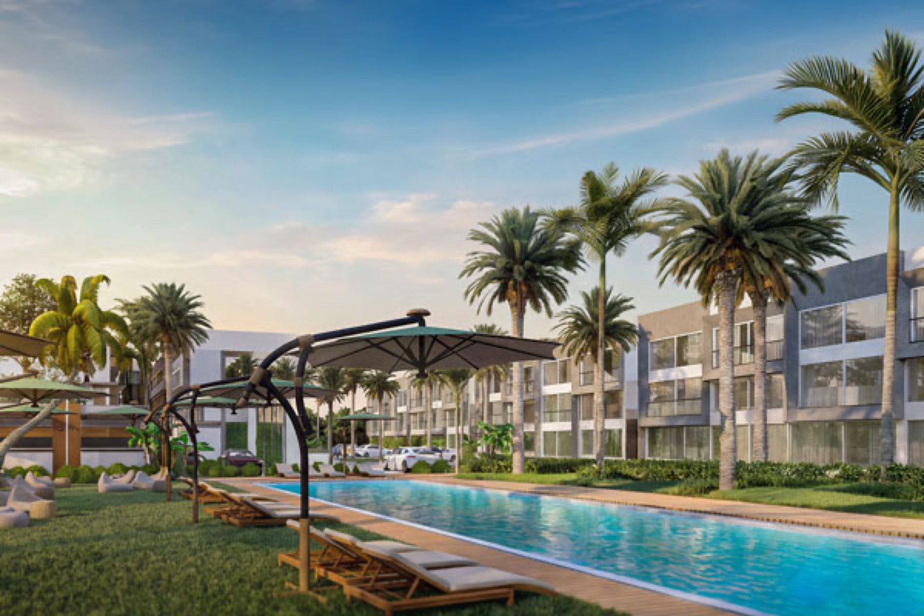 Render of Terra Life pool and residential blocks with umbrellas