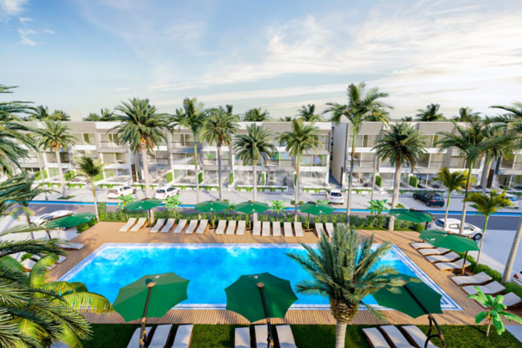 Aerial render of Terra Life central pool with sun loungers