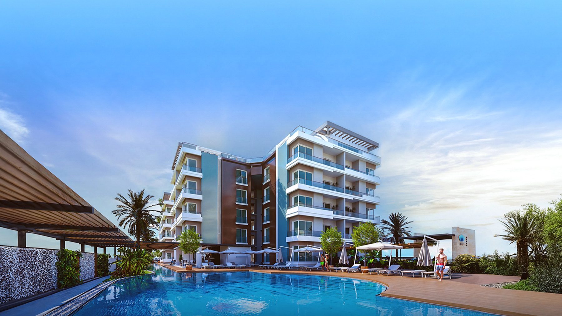 Render of The Blue Residence buildings and pool seen from a terrace
