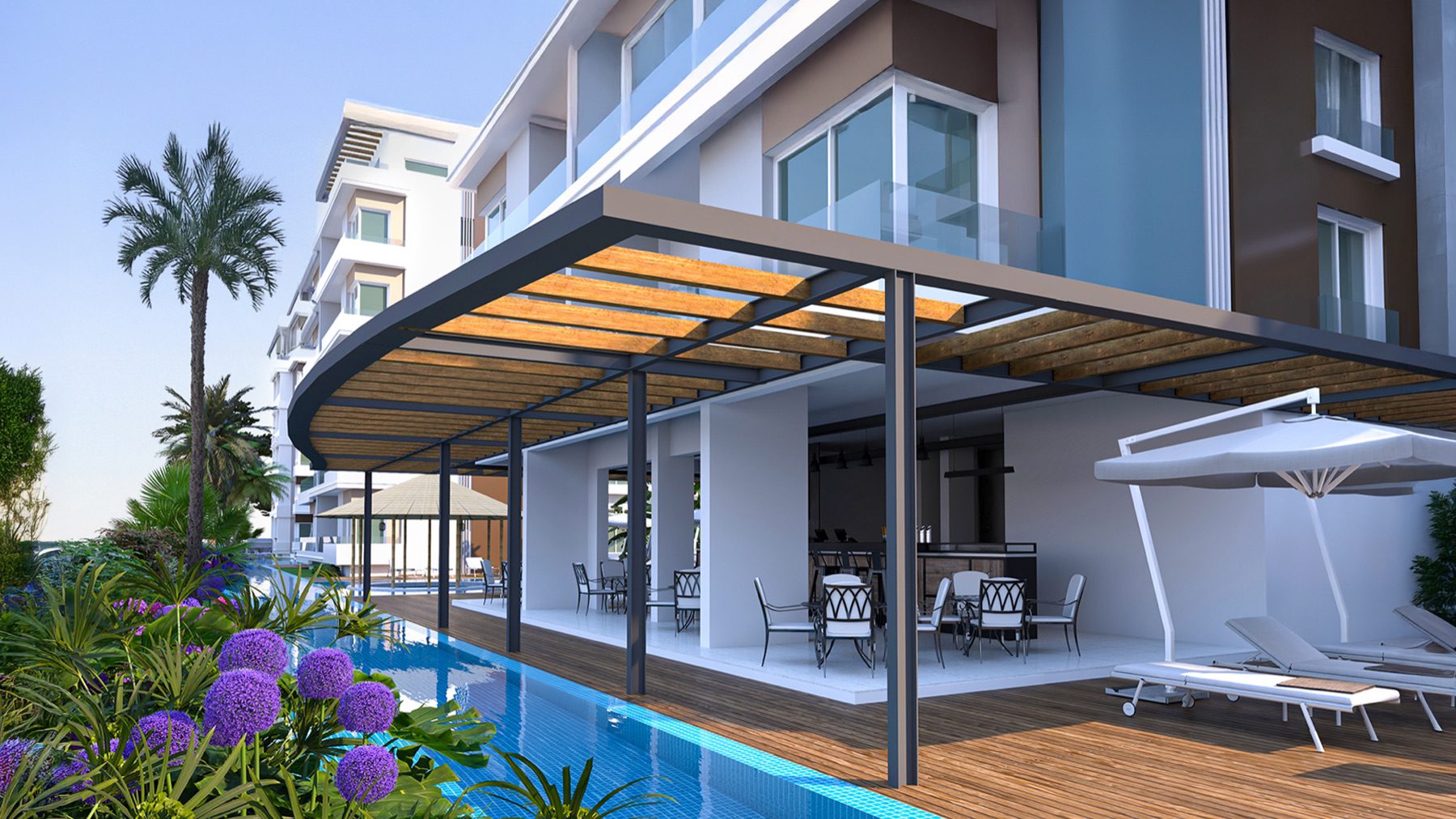 Render of The Blue Residence pergola terrace beside the pool
